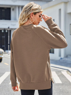 Zip Detail Round Neck Long Sleeve Sweatshirt