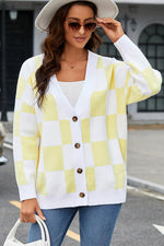 Checkered Button-Up Dropped Shoulder Cardigan