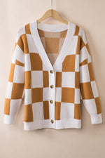Checkered Button-Up Dropped Shoulder Cardigan