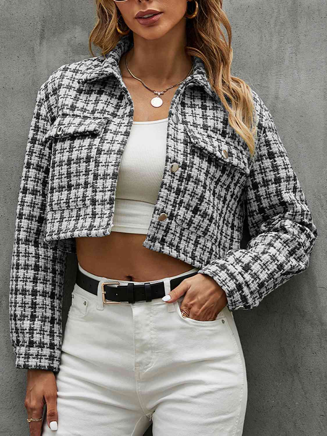 Plaid Button Up Collared Neck Long Sleeve Jacket