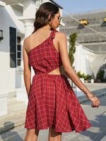 Grid One-Shoulder Tied Cutout Dress