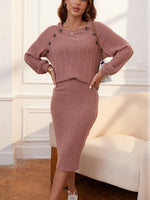 Ribbed Buttoned Round Neck Top and Skirt Set