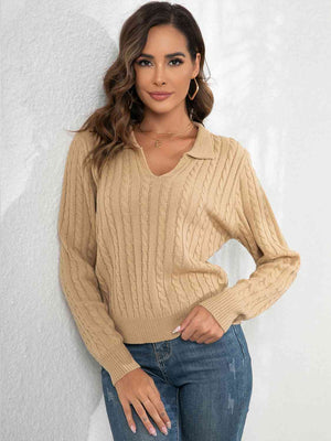 Johnny Collar Cable-Knit Long Sleeve Sweater