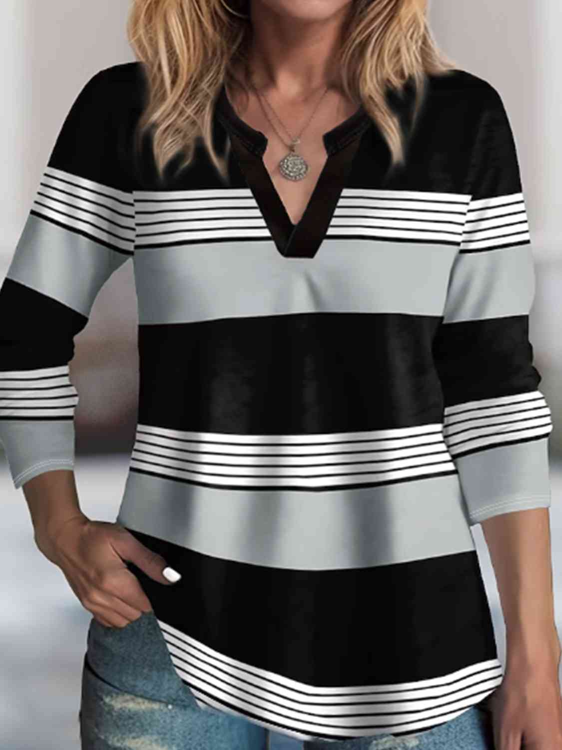 Striped Notched Long Sleeve T-Shirt