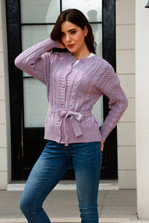 Cable-Knit Button Up Tie Front Knit Top