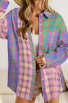 Contrast Plaid Pocketed Collared Neck Shirt