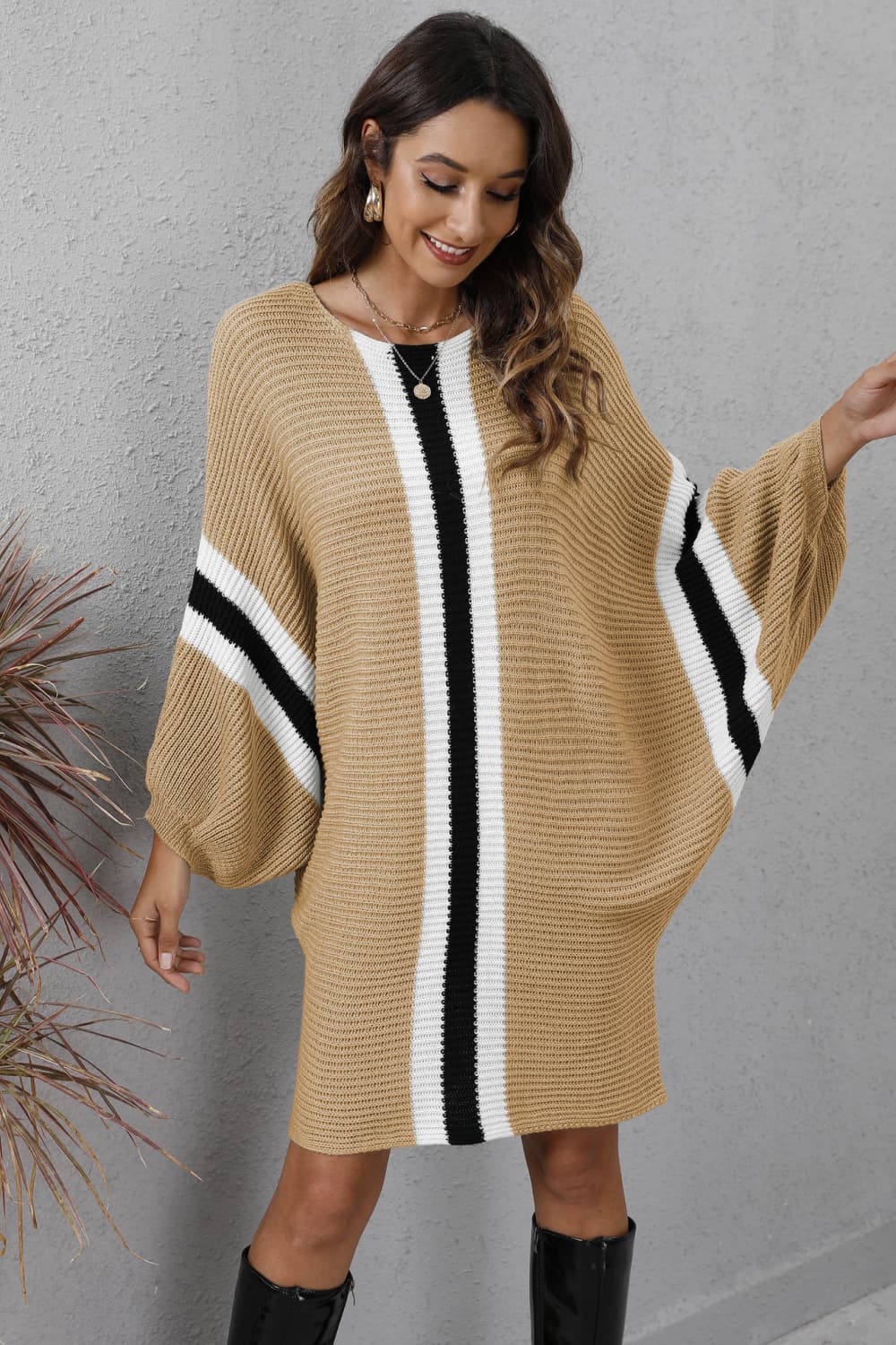 Ribbed Round Neck Long Sleeve Sweater Dress