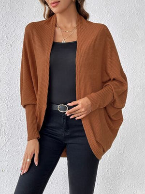 Ribbed Open Front Lantern Sleeve Cocoon Cardigan