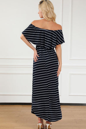 Striped Off-Shoulder Slit Dress