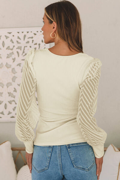 Textured Mesh Sleeve Ribbed Blouse