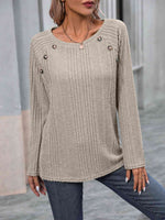 Ribbed Buttoned Round Neck Long Sleeve T-Shirt