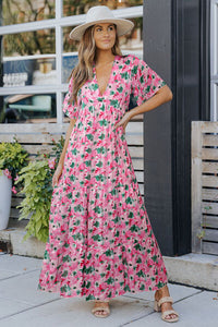 Printed Plunge Short Sleeve Maxi Tiered Dress