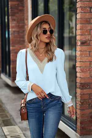V-Neck Lace Detail Long Sleeve Top