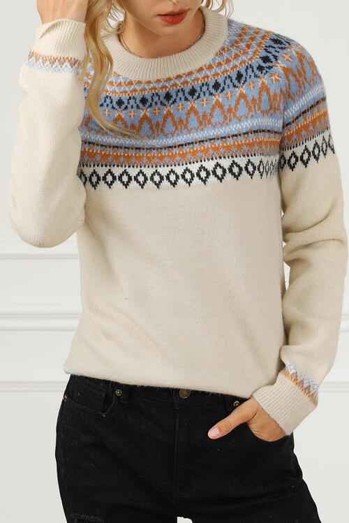 Geometric Round Neck Long Sleeve Sweater