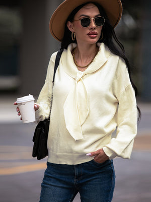 Tie Neck Dropped Shoulder Sweater