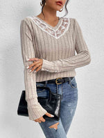 Lace Detail Ribbed V-Neck Long Sleeve Top