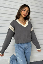 Contrast Openwork Long Sleeve V-Neck Sweater