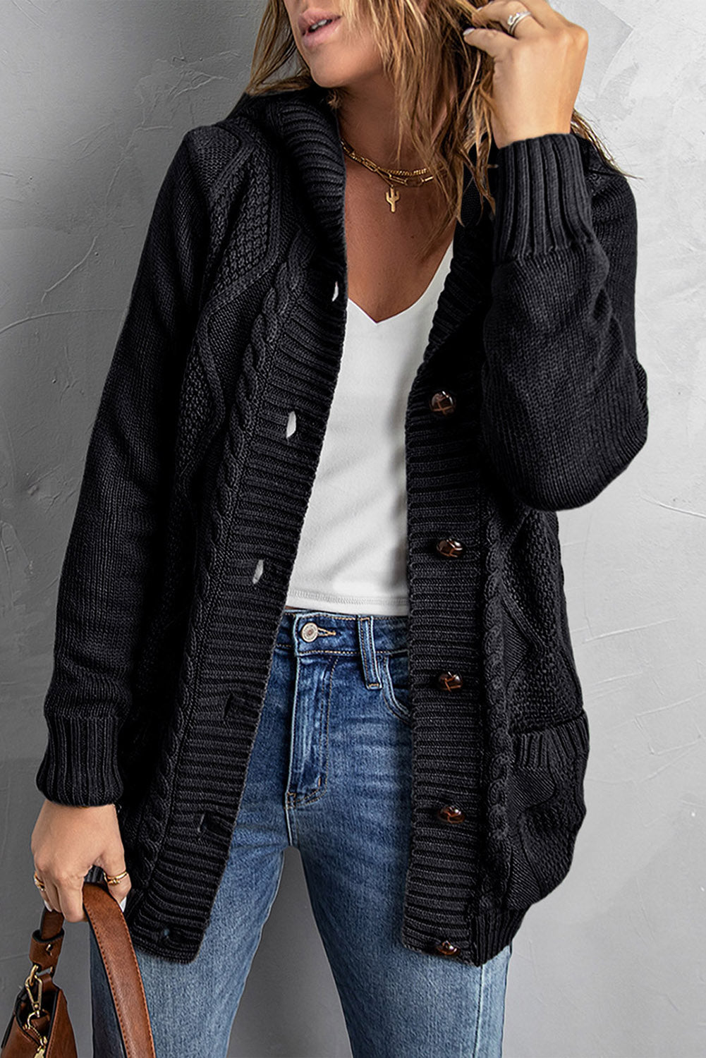Button Front Hooded Cardigan with Pockets