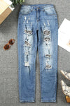 Leopard Distressed Pocketed Straight Jeans