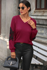 Ribbed Lace Detail V-Neck Sweater