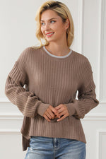Ribbed Contrast Round Neck Slit Sweater