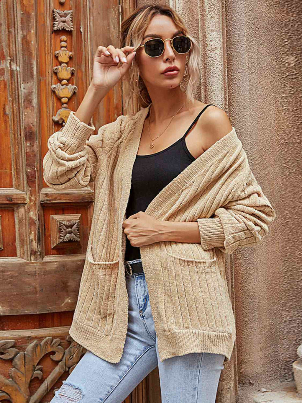 Ribbed Open Front Long Sleeve Cardigan with Pockets