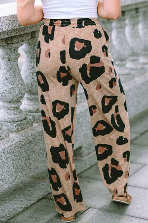 Leopard Drawstring Wide Leg Pants with Pockets