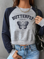Round Neck Raglan Sleeve Butterfly Graphic Sweatshirt