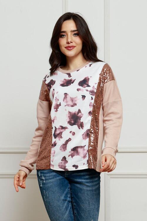 Sequin Animal Print Round Neck Sweatshirt