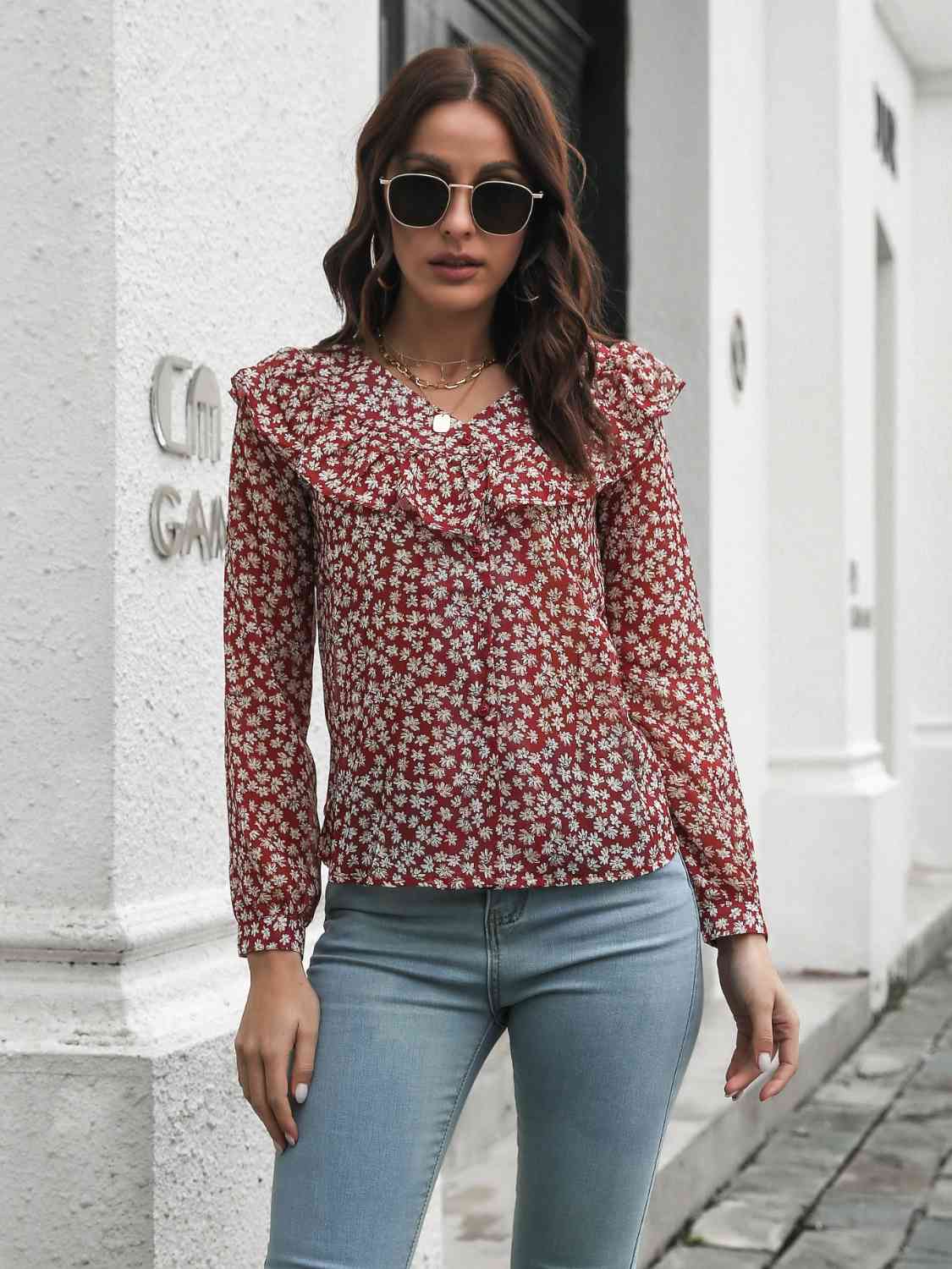 Printed Statement Collar Long Sleeve Blouse