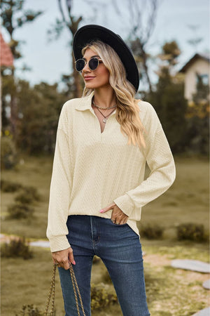 Collared Neck Cable-Knit Long Sleeve Blouse