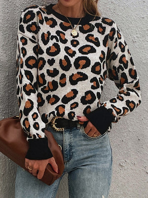 Leopard Round Neck Dropped Shoulder Sweater