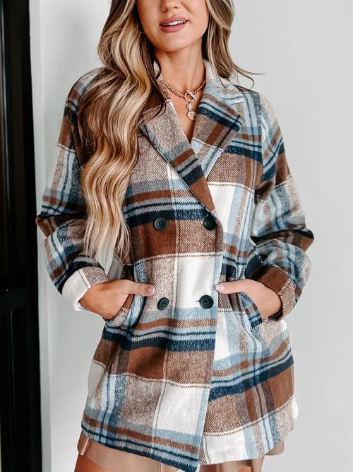 Plaid Double-Breasted Long Sleeve Coat