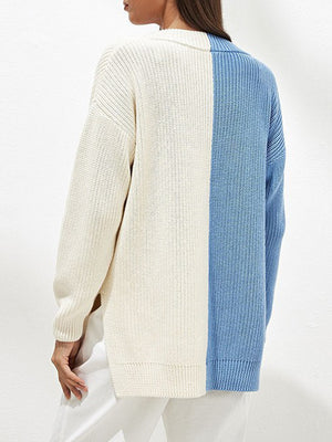 Contrast V-Neck Dropped Shoulder Sweater