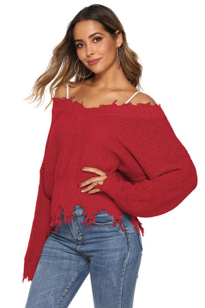 Off-Shoulder Ribbed Long Sleeve Raw Hem Sweater