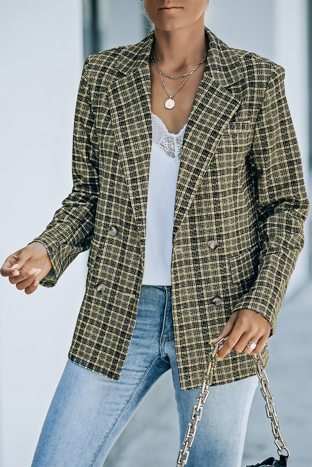 Plaid Double-Breasted Long Sleeve Blazer