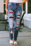 Plaid Distressed Jeans with Pockets