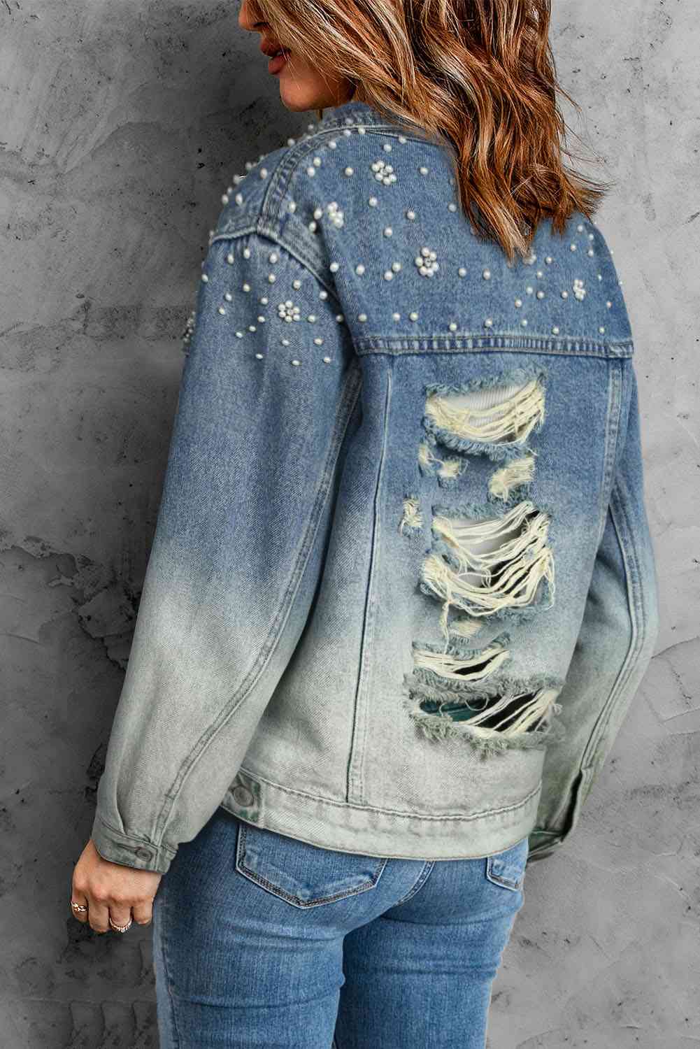 Pearl Detail Distressed Button Up Denim Jacket