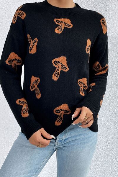 Printed Mock Neck Dropped Shoulder Sweater