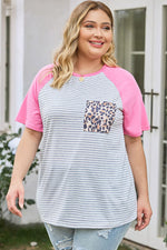 Plus Size Striped Leopard Round Neck T-Shirt