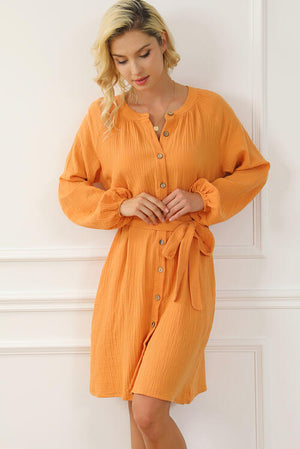 Tied Button Front Balloon Sleeve Dress