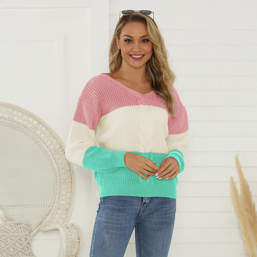 Color Block V-Neck Long Sleeve Sweater