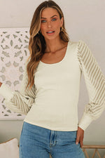 Textured Mesh Sleeve Ribbed Blouse