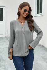 Buttoned Notched Neck Long Sleeve T-Shirt