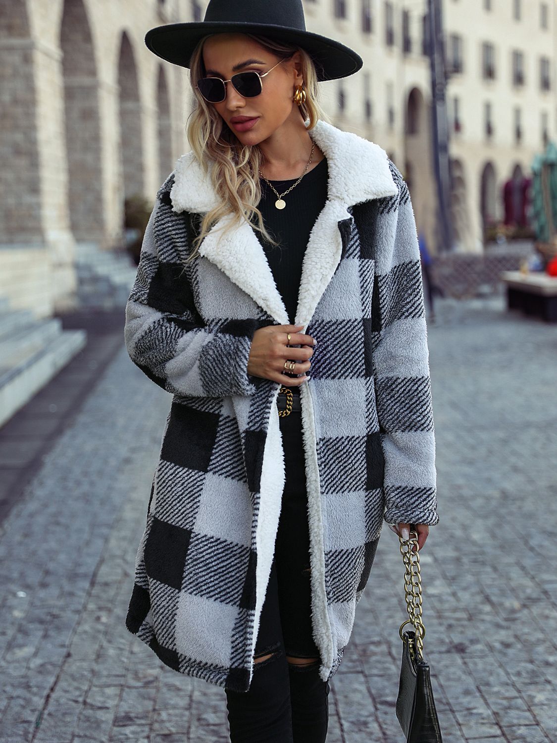 Plaid Open Front Coat with Pockets