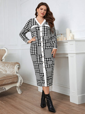 Plus Size Houndstooth Button-Down Long Sleeve Dress
