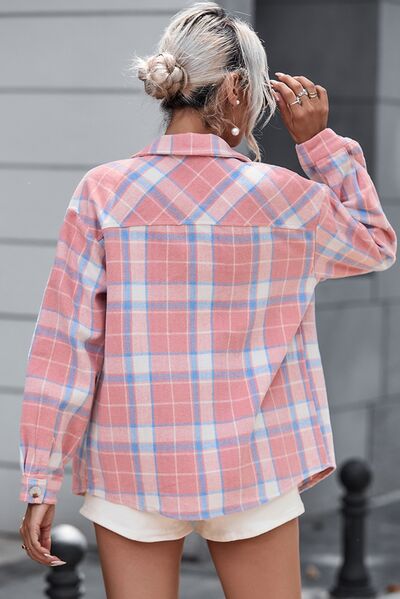 Plaid Pocketed Collared Neck Button Up Jacket