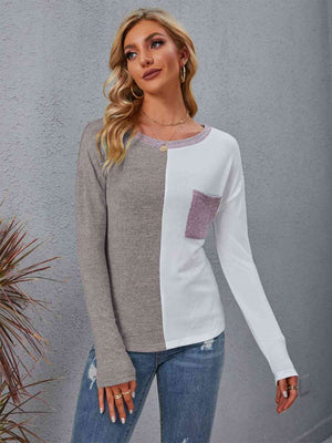 Color Block Round Neck Top with Pocket