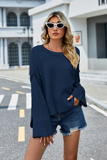 High-Low Slit Round Neck Long Sleeve Sweater
