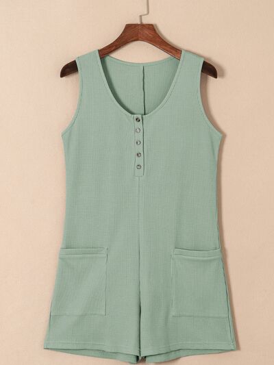 Waffle-Knit Half Button Sleeveless Romper with Pockets
